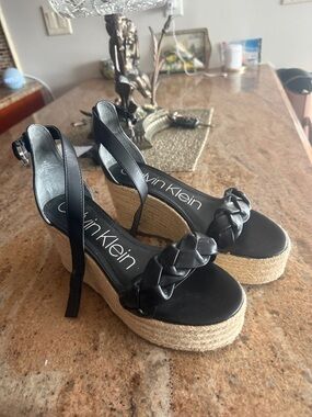 Calvin Klein Black Braided Espadrille Platform Sandals with Tan Rope Sole